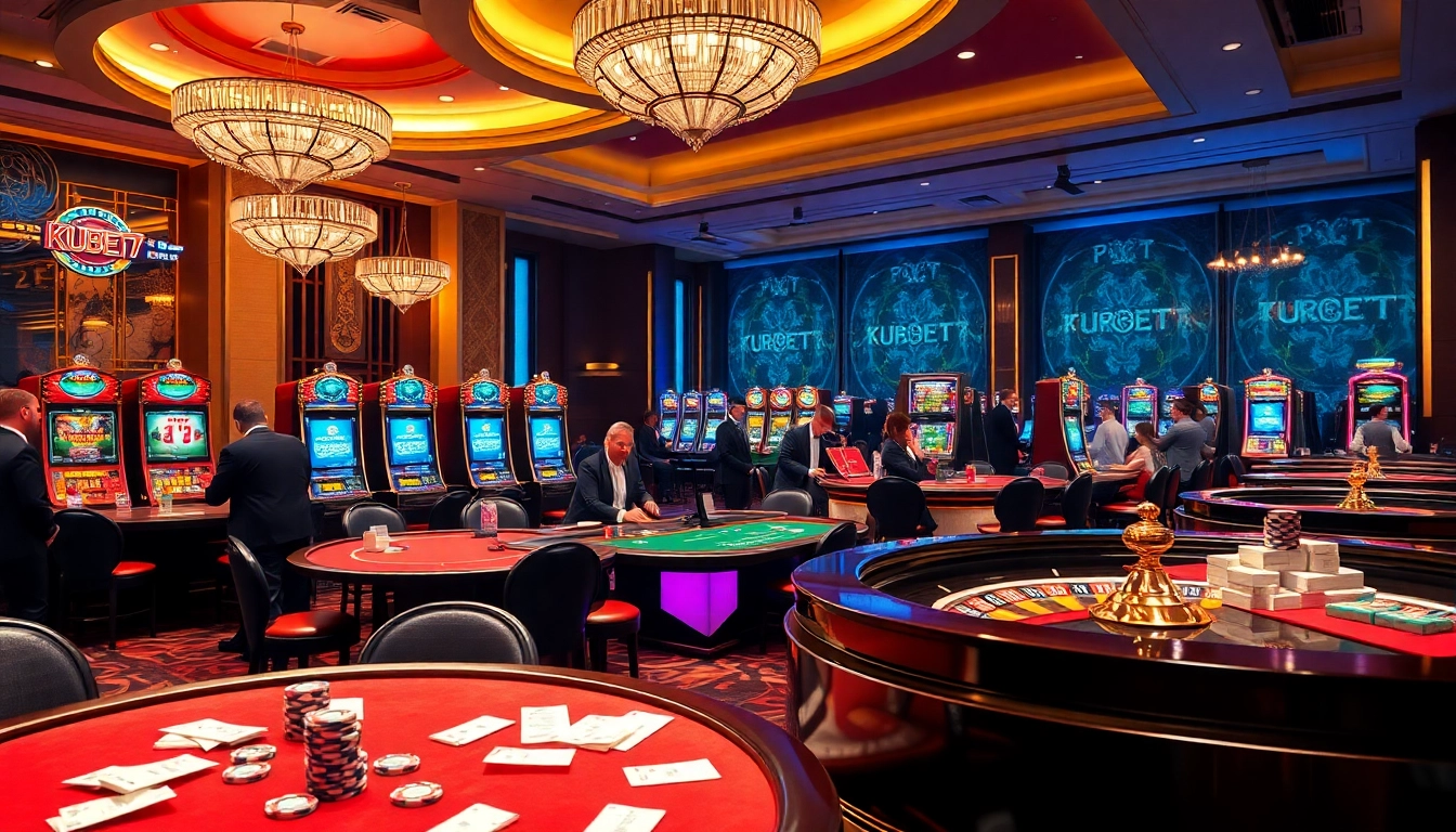 KUBET77 players enjoying thrilling casino games with colorful slot machines and poker tables.