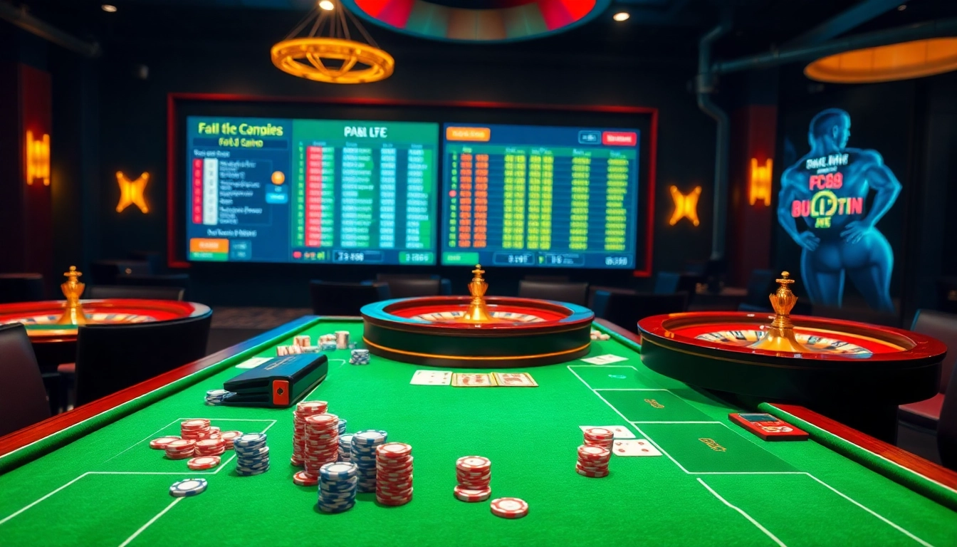 Engaging scene showcasing FC88, featuring casino tables, vibrant roulette wheels, and colorful poker chips.