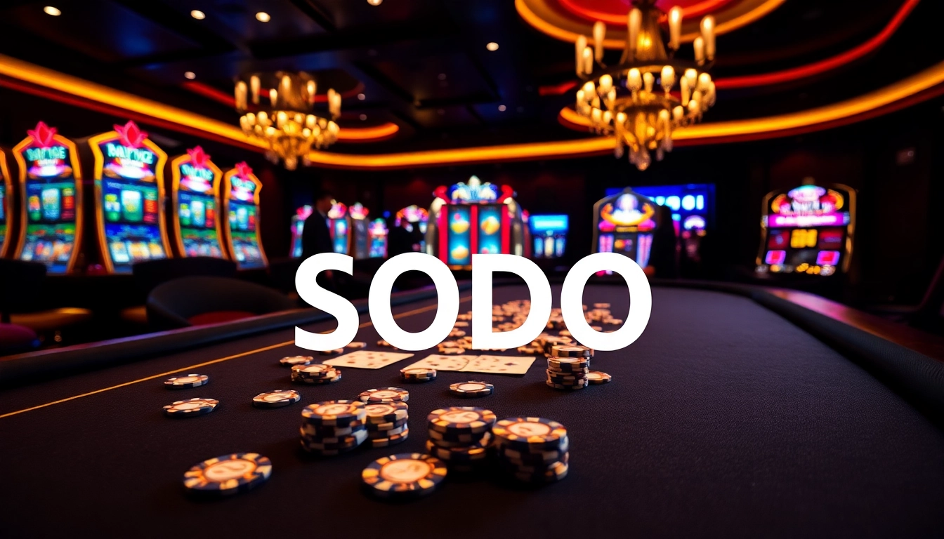 SODO casino table showcasing professional gameplay, vibrant slot machines, and poker chips.