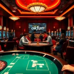 Experience the excitement of hệ thống okfun through engaging casino gameplay with poker tables and roulette wheels.