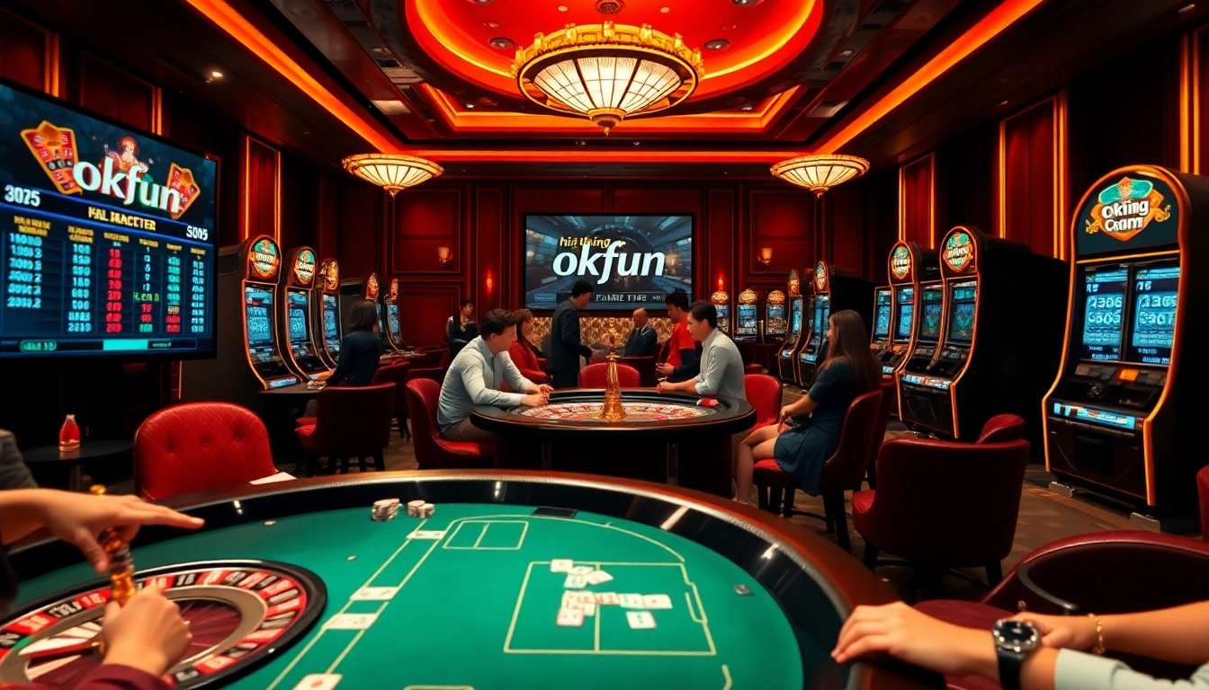 Experience the excitement of hệ thống okfun through engaging casino gameplay with poker tables and roulette wheels.