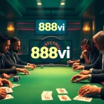 Players engage in high-stakes poker at 888vi, surrounded by poker chips and vibrant casino ambiance.
