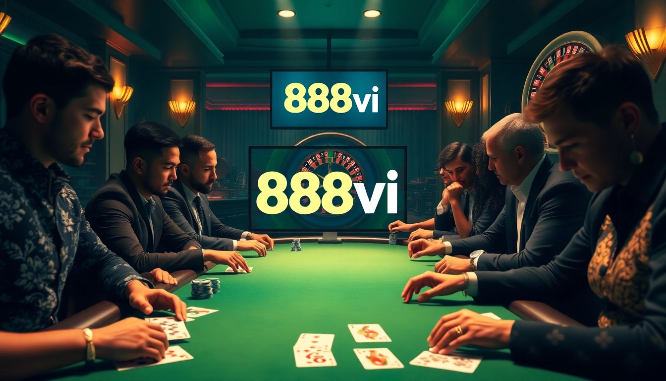 Players engage in high-stakes poker at 888vi, surrounded by poker chips and vibrant casino ambiance.