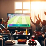 Excited fans enjoying a football match live on https://vaoluoitv.it.com in a cozy living room setting.