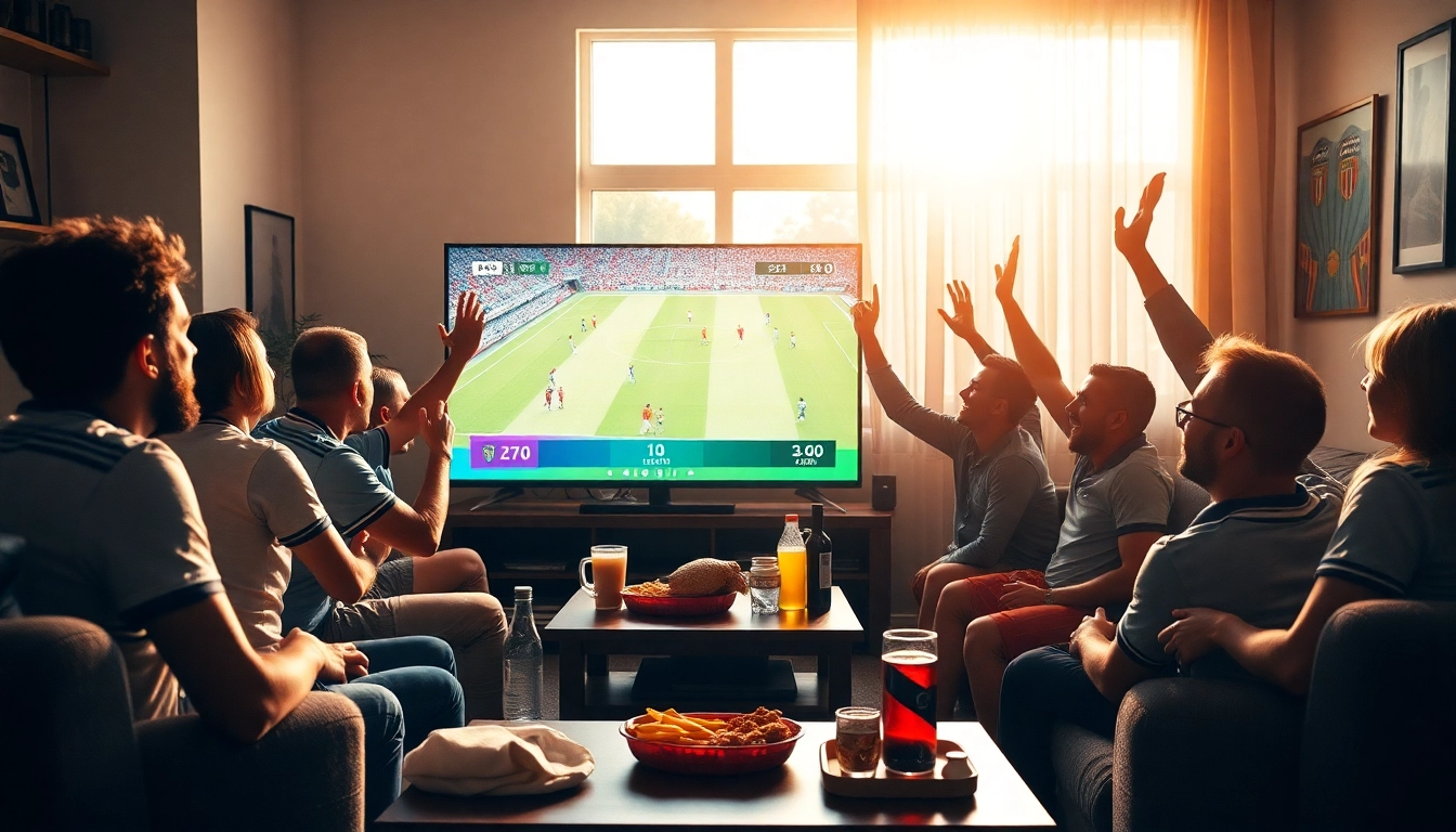 Excited fans enjoying a football match live on https://vaoluoitv.it.com in a cozy living room setting.