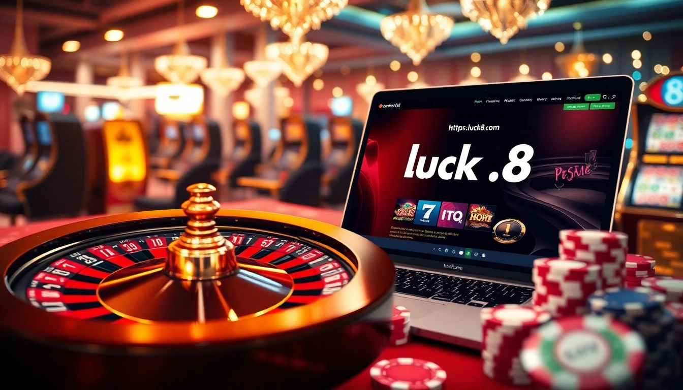 Trải nghiệm sự hồi hộp của cá cược tại https://luck8.com với cảnh casino sống động thể hiện roulette, chips và máy đánh bạc.