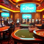 Experience thrilling gaming at e2bet's luxurious casino with vibrant tables and excited players.