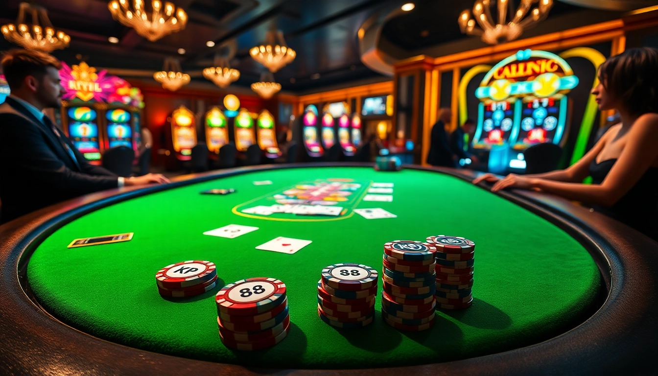 Players engaging in high-stakes poker at a luxurious casino table themed around KP 88.