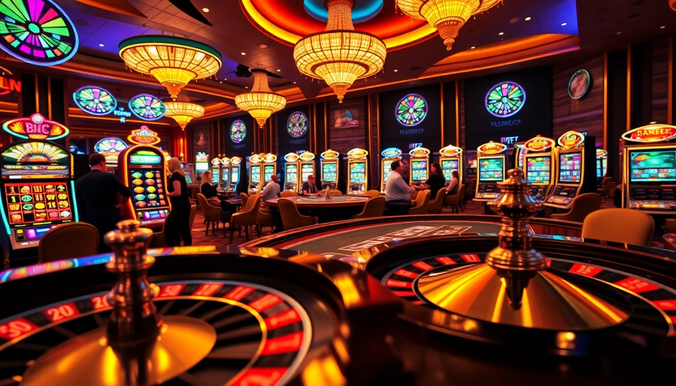 Gamblers enjoy the excitement of casino games at hm88.studio with vibrant slot machines and tables.
