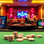 Engaging casino scene at gg88.com featuring roulette, poker chips, and online gaming interfaces.