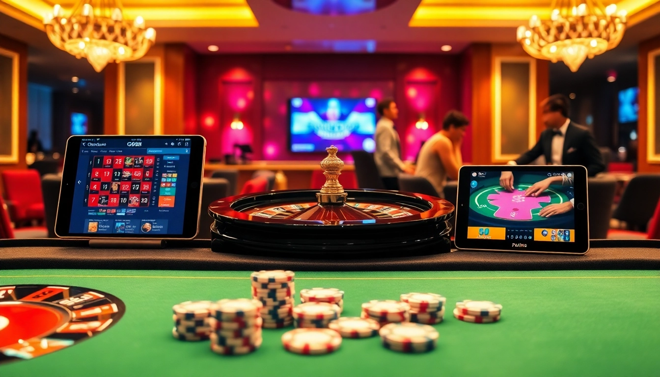 Engaging casino scene at gg88.com featuring roulette, poker chips, and online gaming interfaces.