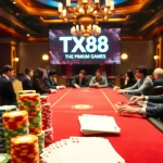 Engaged poker players showcasing TX88 poker chips at a luxury casino table.