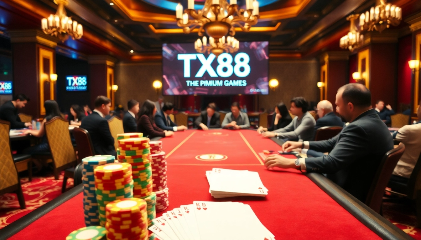 Engaged poker players showcasing TX88 poker chips at a luxury casino table.
