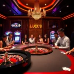 Cảnh sòng bạc đầy hứng khởi ở LUCK8 với người chơi tham gia tại các bàn poker và roulette.