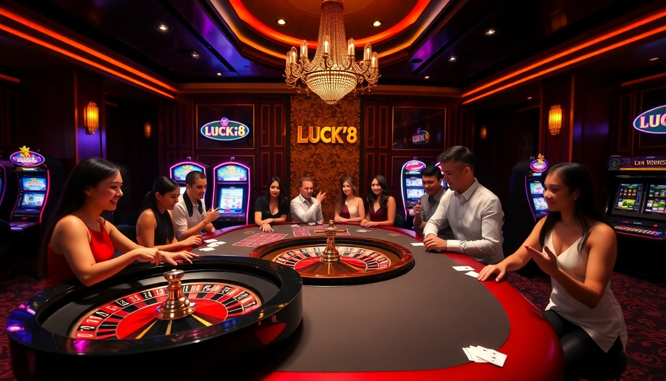 Cảnh sòng bạc đầy hứng khởi ở LUCK8 với người chơi tham gia tại các bàn poker và roulette.