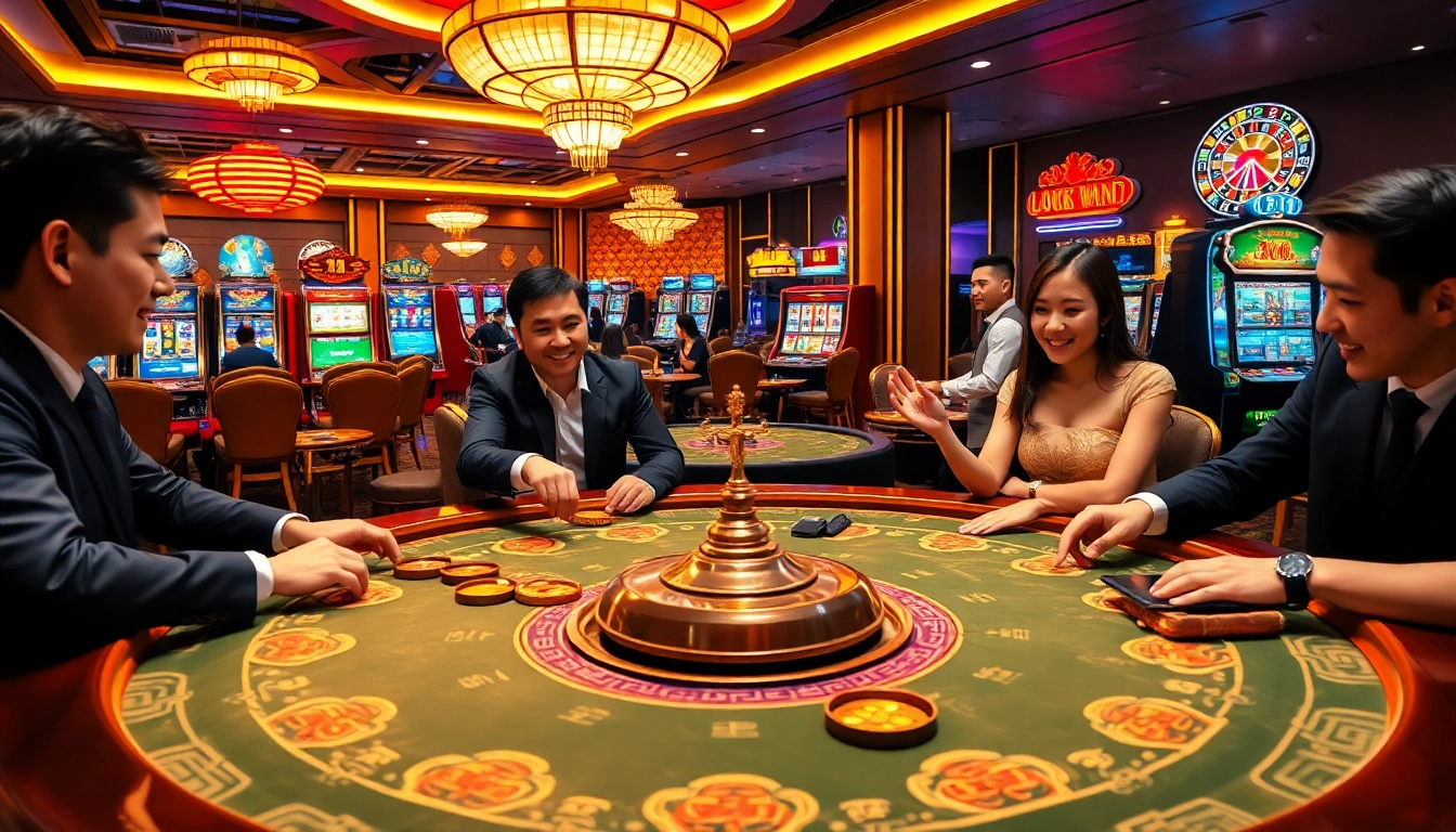 Experience the excitement of xóc đĩa online with players strategizing at a vibrant casino table.