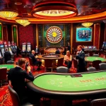 Action-packed gaming scene at https://bet168.me/, showcasing poker and slot machines in a vibrant casino.