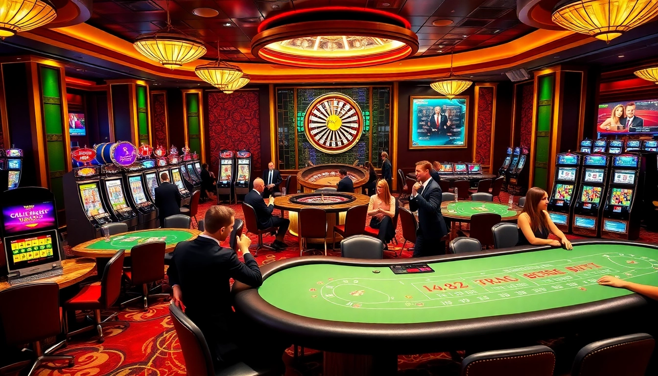 Action-packed gaming scene at https://bet168.me/, showcasing poker and slot machines in a vibrant casino.