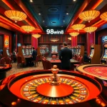 Experience the thrill of 98win8 at a vibrant casino with roulette and slot machines.