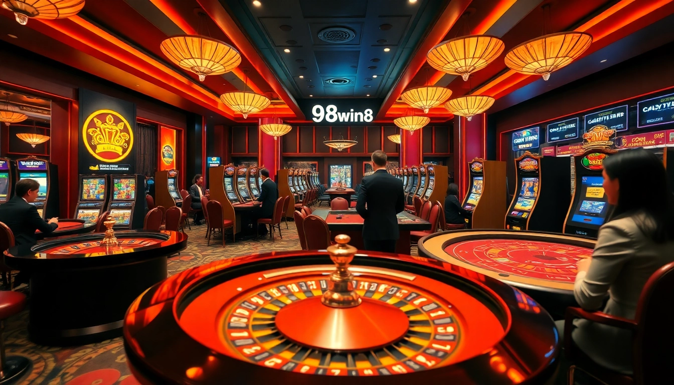 Experience the thrill of 98win8 at a vibrant casino with roulette and slot machines.