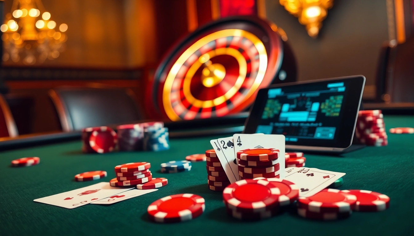 Experience thrilling action at https://rr88.navy/ with poker chips and playing cards on a luxurious casino table.