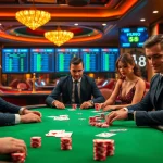 Intense poker moments at a luxury casino, featuring vibrant action and J8 betting elements.