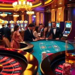 Kuwin casino scene with luxury poker table, vibrant slot machines, and roulette wheel excitement.