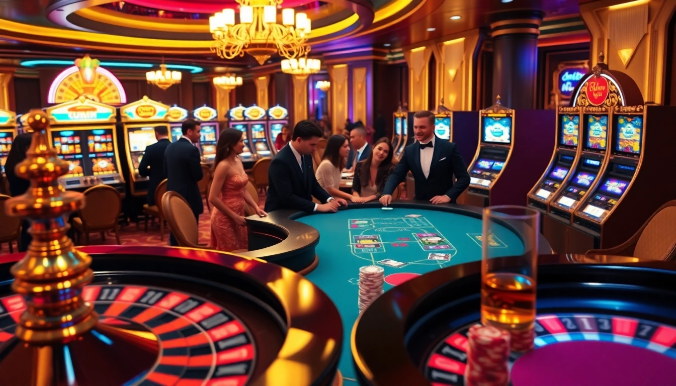 Kuwin casino scene with luxury poker table, vibrant slot machines, and roulette wheel excitement.
