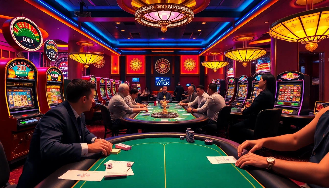 Players enjoying poker and slot machines at 789club casino, highlighting excitement and luxury.