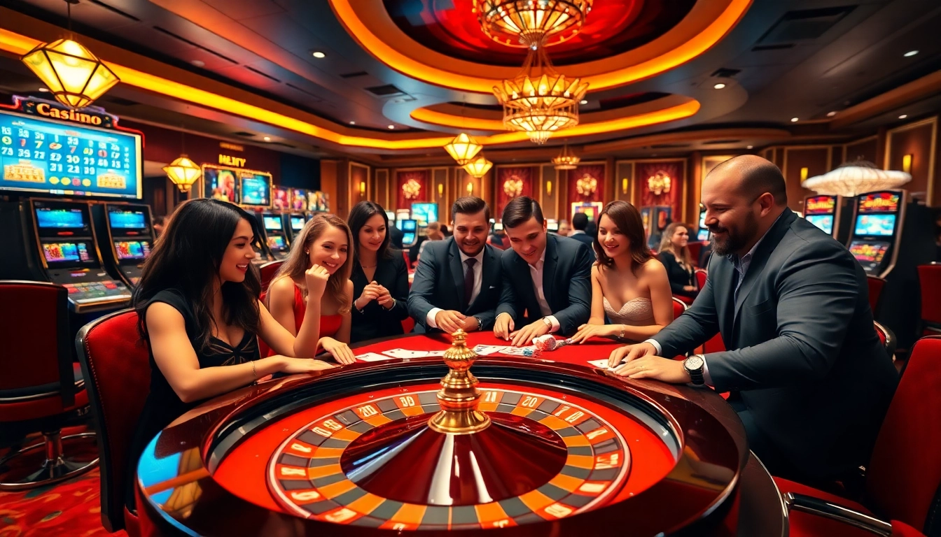 Players enjoying poker at hit-club.games casino, with vibrant tables and lively atmosphere.