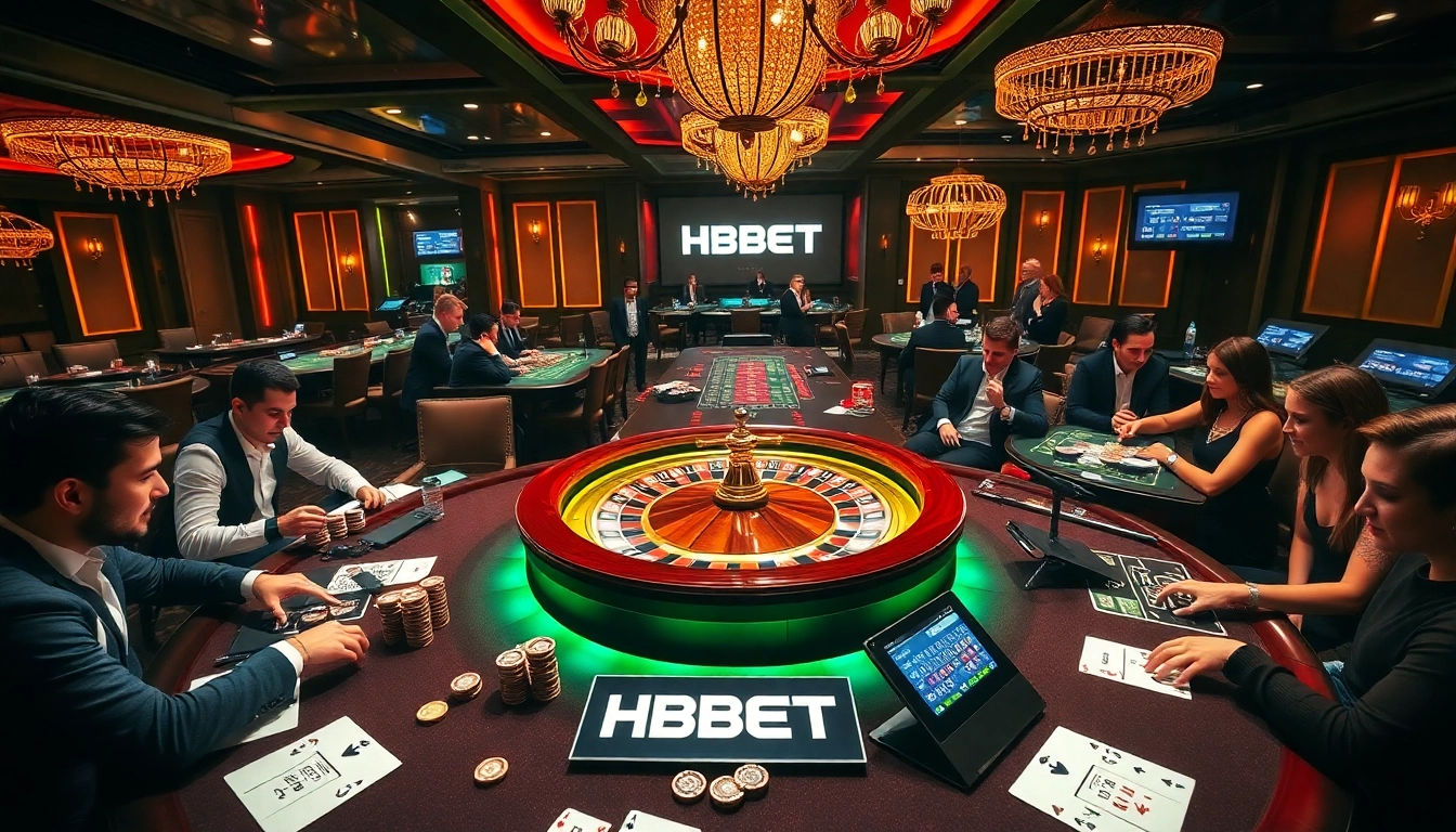 Experience thrilling gameplay at HBBET Casino with exciting roulette tables and vibrant poker chips.