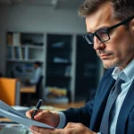 Professional conducting private investigations in a modern office, highlighting focus and analysis.