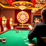Luck8 casino scene featuring players at the poker table with chips and vibrant slot machines.