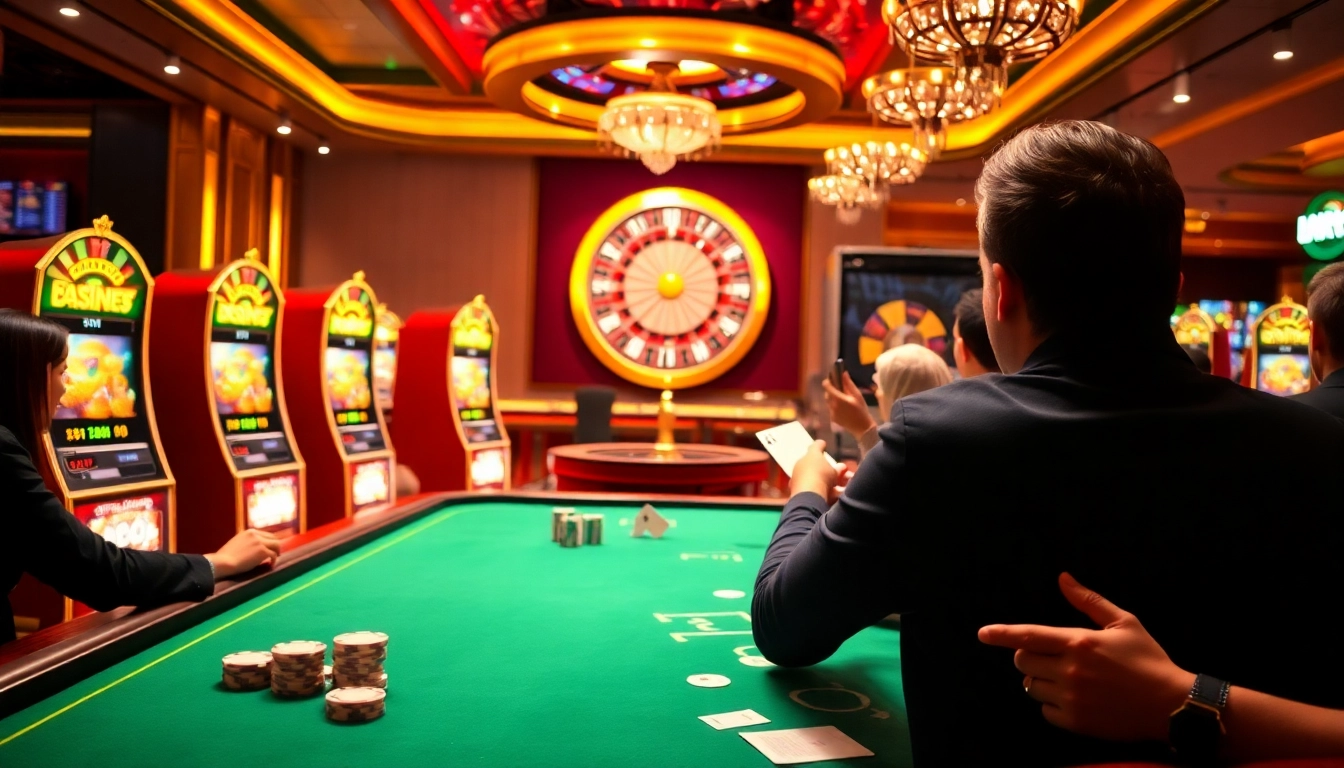 Luck8 casino scene featuring players at the poker table with chips and vibrant slot machines.