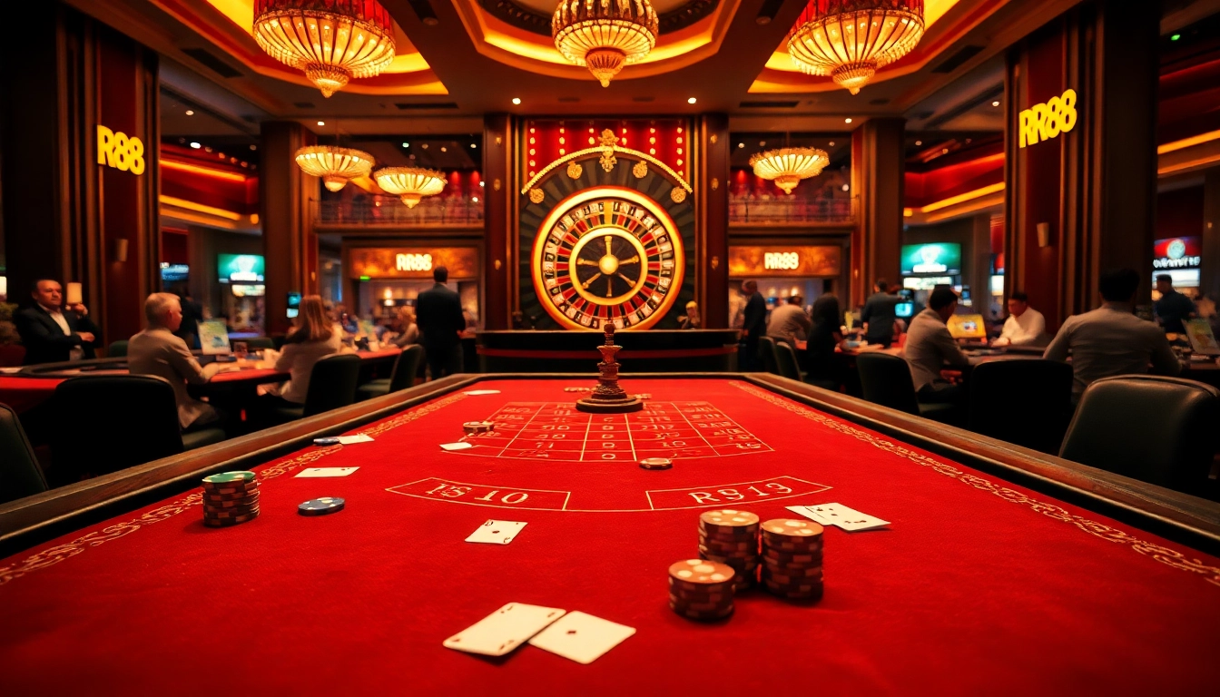Experience the thrill of RR88 casino with vibrant gaming elements like cards, dice, and roulette.