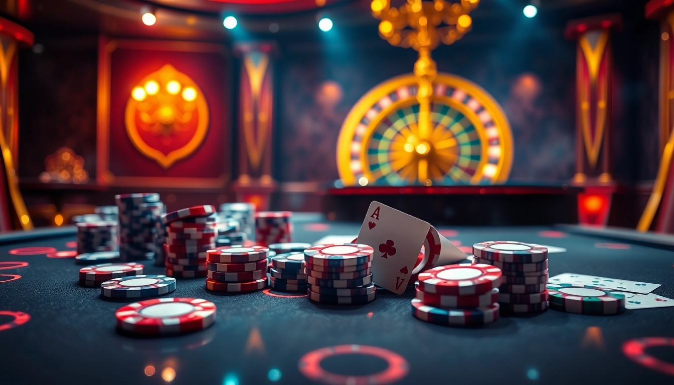 Experience the thrill of online gaming at Link FLY88 with a vibrant casino scene showcasing poker, roulette, and excitement.