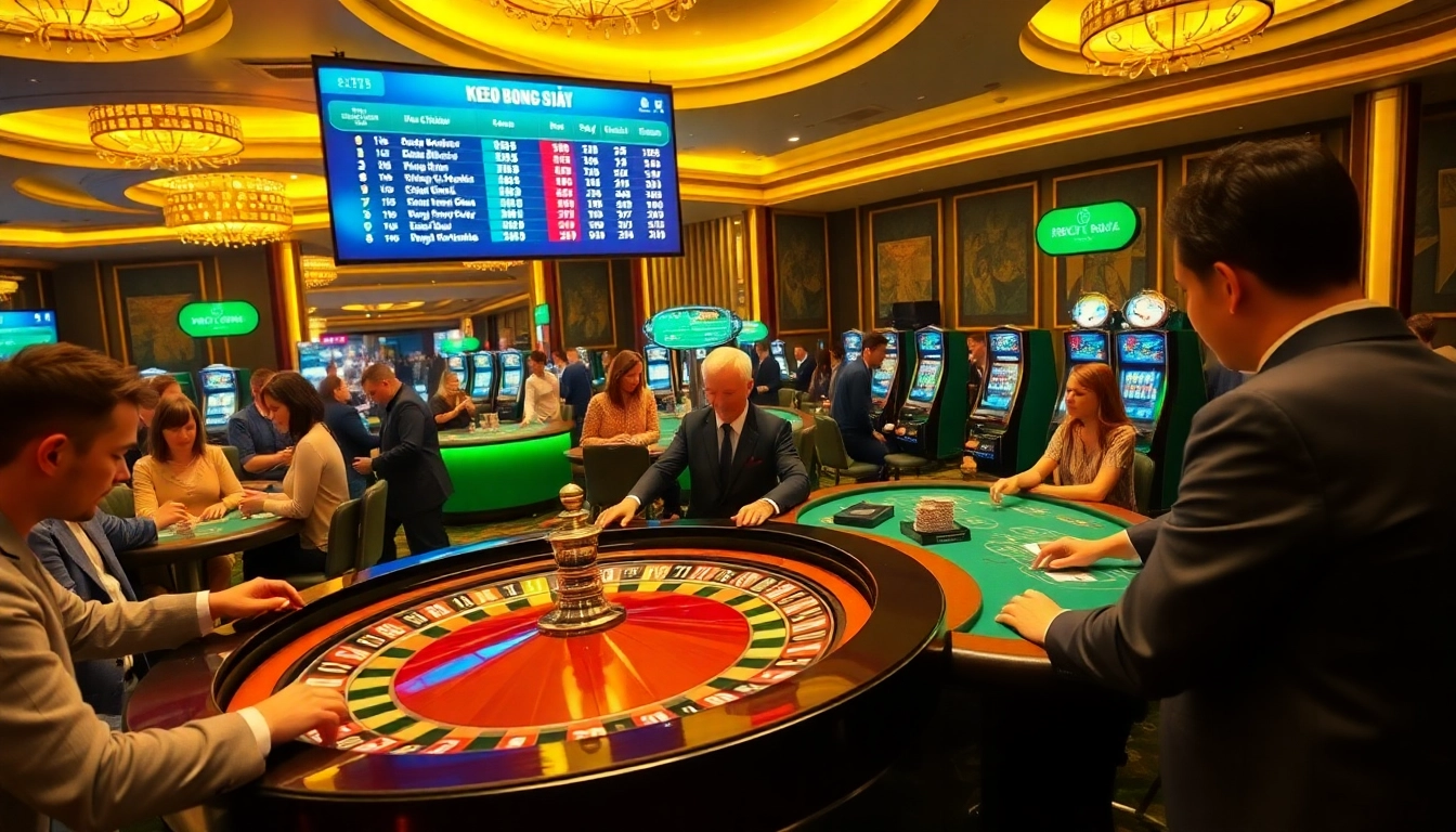 Kèo Bóng Đá betting scene showing excitement at a roulette table in a high-end casino.