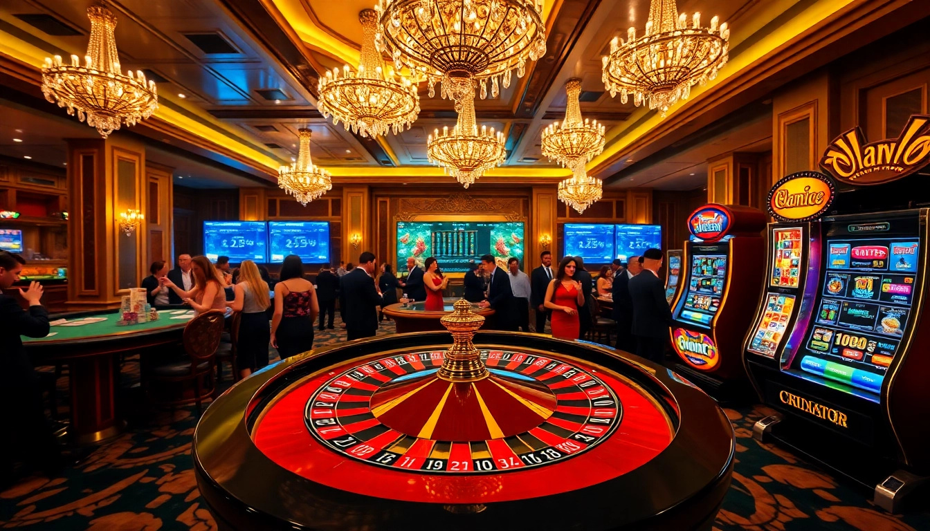 Exciting casino scene featuring a roulette wheel, poker table, and vibrant slot machine on the Homepage.