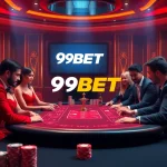 A vibrant poker scene at a casino highlighting the 9BET logo with players and colorful chips.