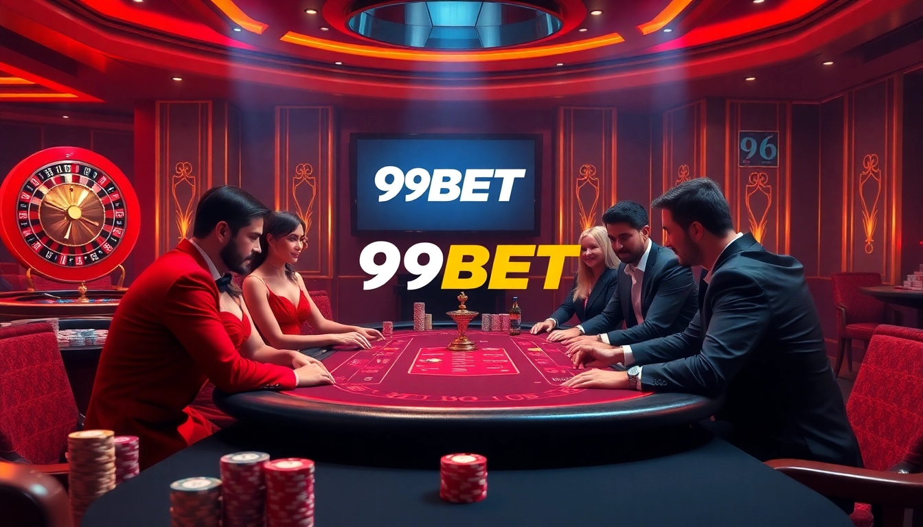 A vibrant poker scene at a casino highlighting the 9BET logo with players and colorful chips.