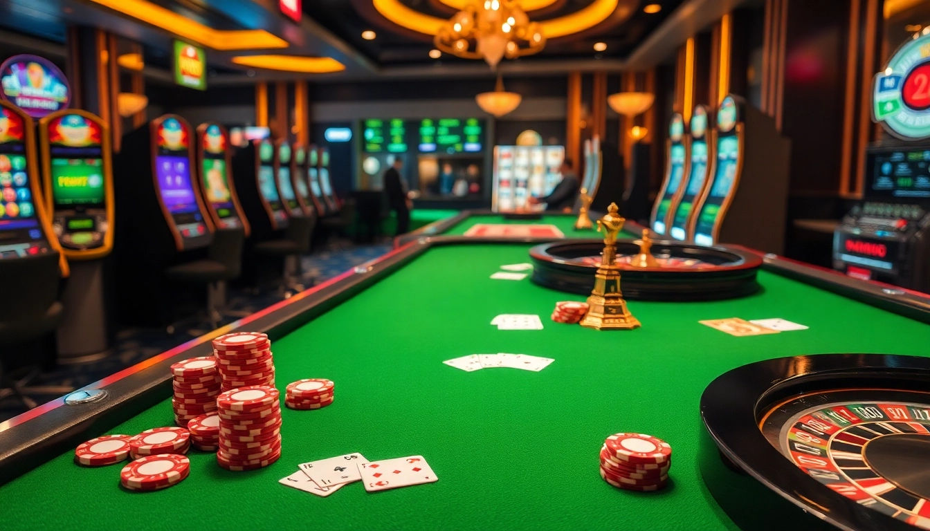 Engaging scene of high-stakes gambling at Kp88.com with poker chips and roulette wheels.