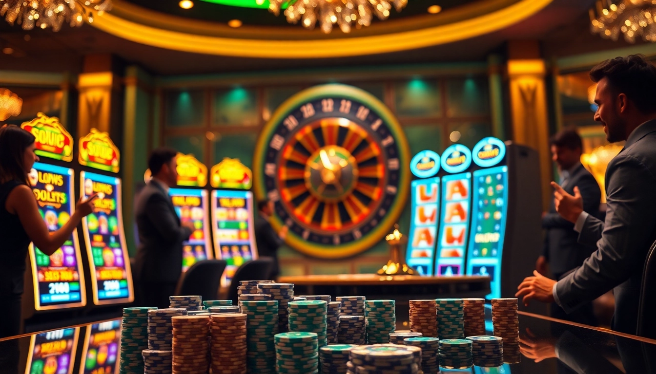 Winning players enjoying the SLOTS8 slot machines in a glamorous casino setting.