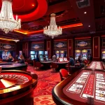 Exciting casino gaming scene at EE88 with roulette, blackjack, and vibrant slot machines.