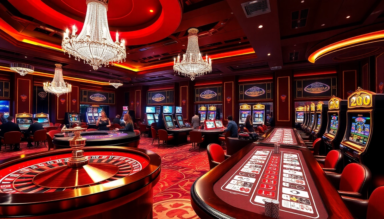 Exciting casino gaming scene at EE88 with roulette, blackjack, and vibrant slot machines.
