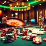 Experience the exhilarating atmosphere of ku3933 with a vibrant casino scene full of poker chips and roulette excitement.