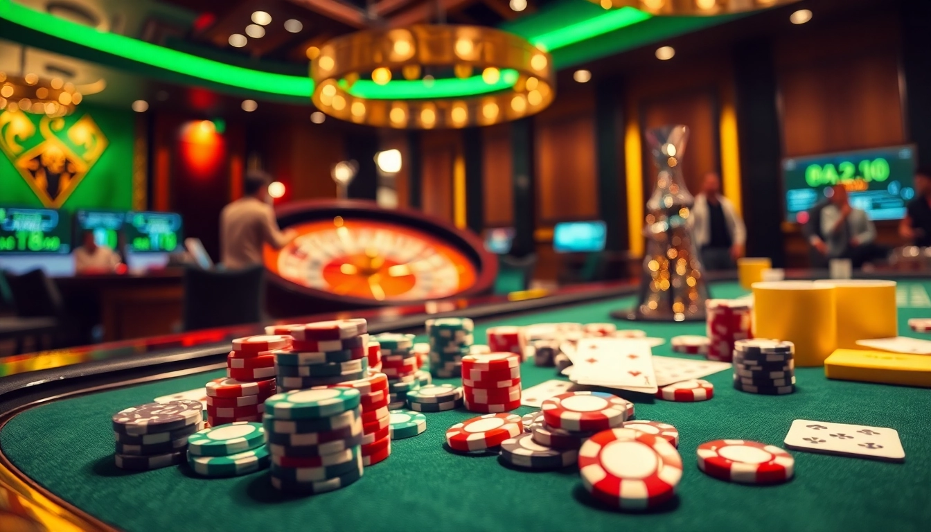 Experience the exhilarating atmosphere of ku3933 with a vibrant casino scene full of poker chips and roulette excitement.