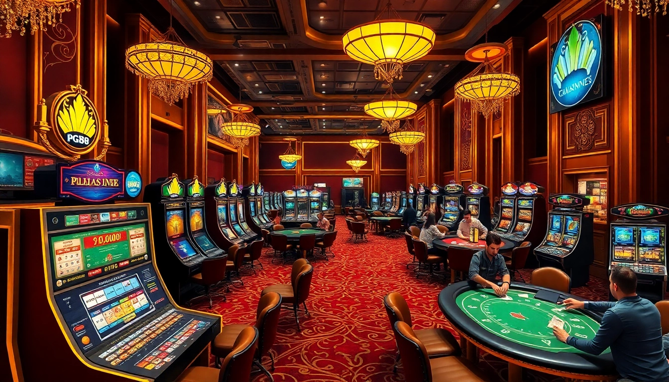 Excited players engaging in a thrilling PG88 casino gaming experience with vibrant slot machines and poker tables.