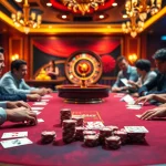 Engaged players enjoy a luxurious nk88-themed poker night with vibrant chips and cards.