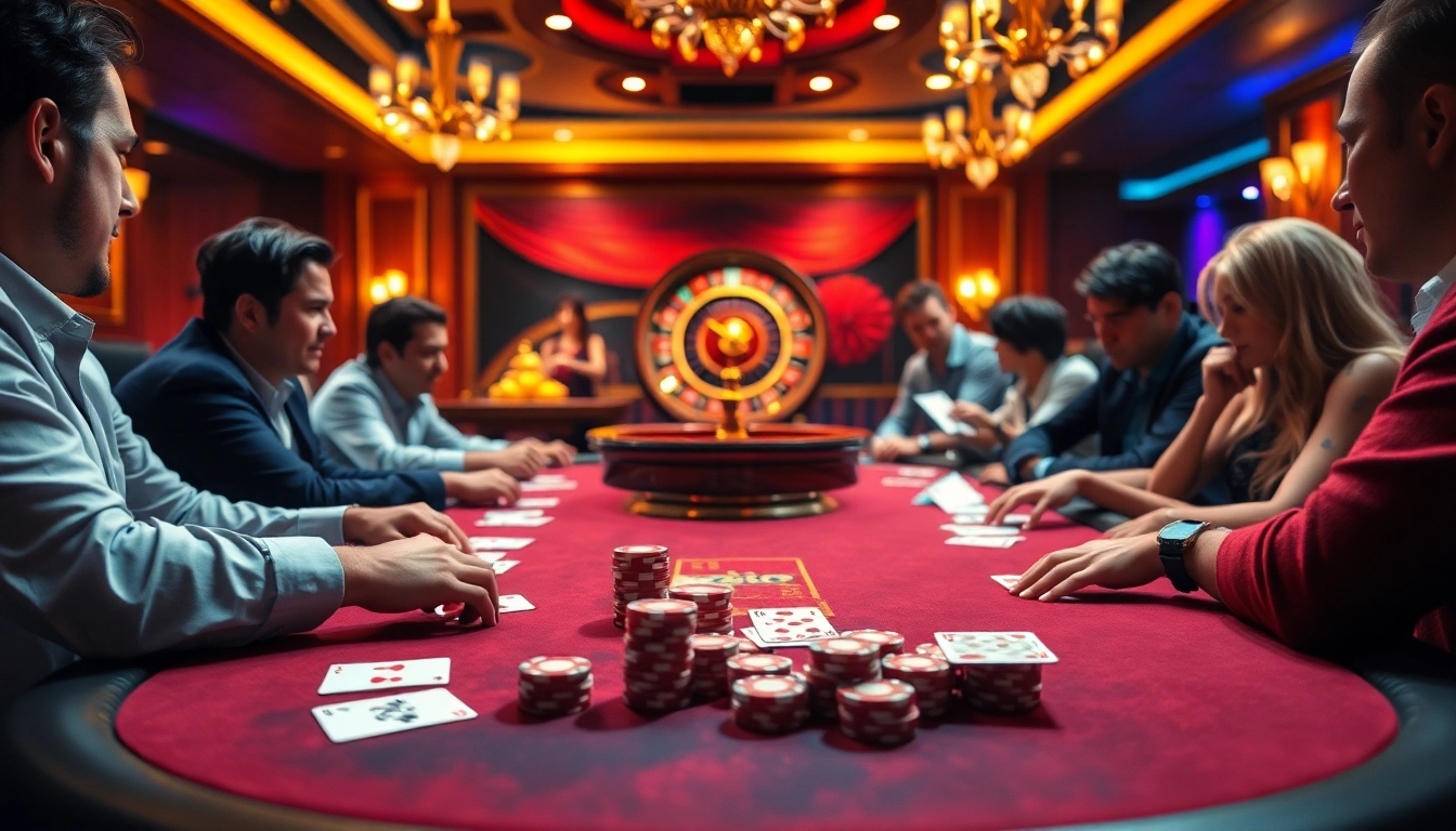 Engaged players enjoy a luxurious nk88-themed poker night with vibrant chips and cards.