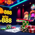 Experience the thrill of win 888 casino with vibrant gaming visuals featuring poker chips and roulette.